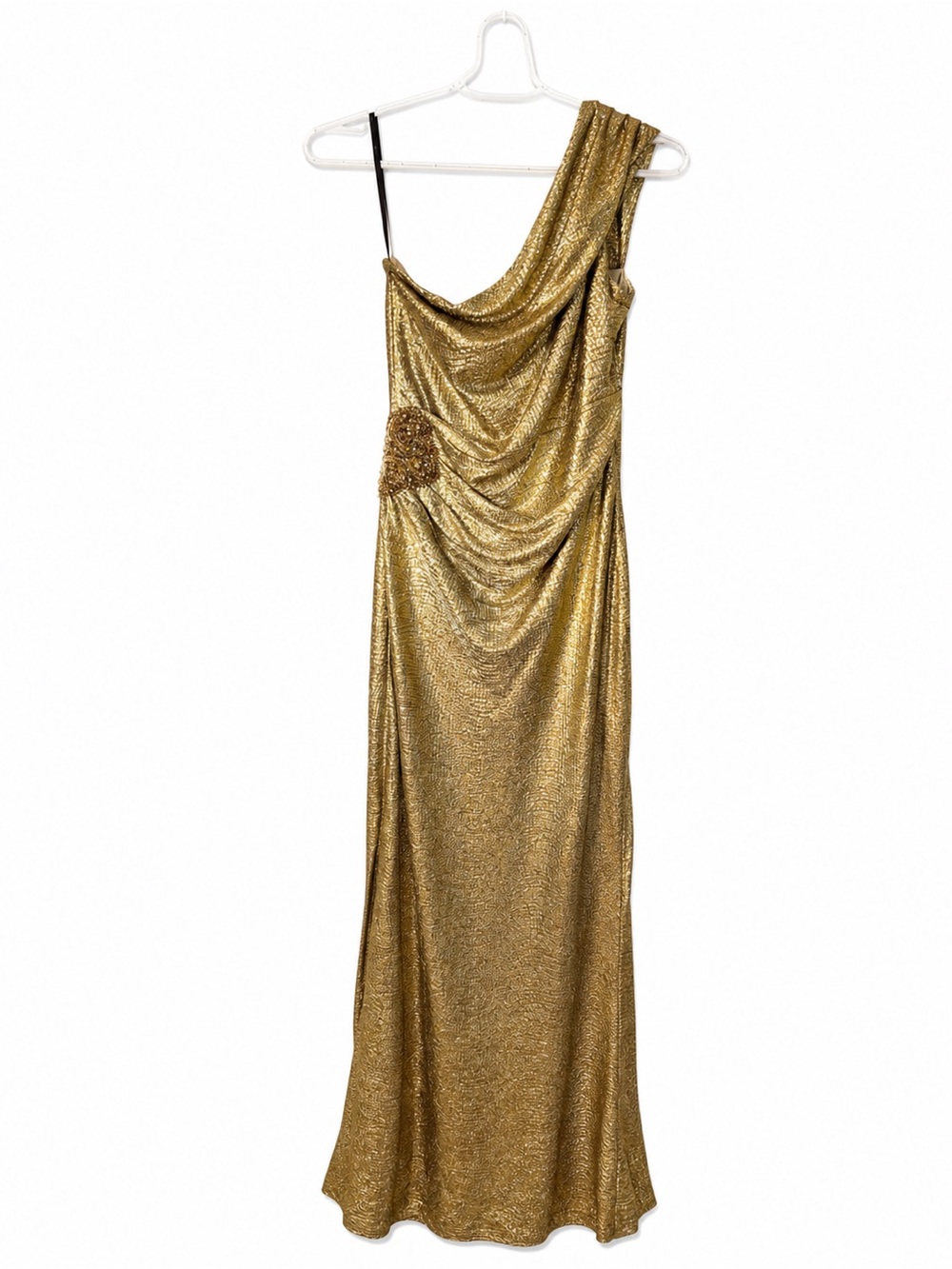 David Meister One-Shoulder Shimmering Gold Evening Gown - Picture 4 of 12